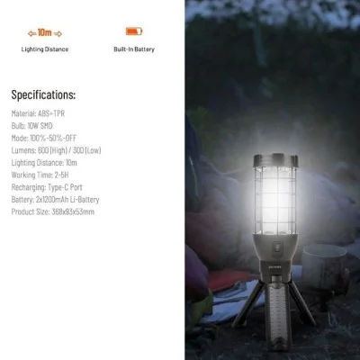 Porodo Outdoor Tripod Lamp With Built-In Battery - Black